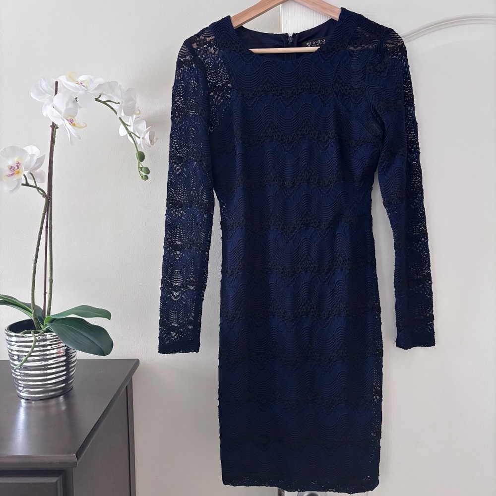 Guess Long Sleeve Blue and Black Lace Body Con Mini Dress Women’s Size 8
